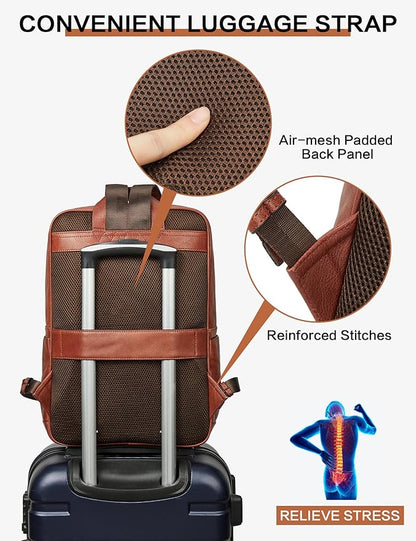 BOSTANTEN Men Leather Backpack, Vegetable Tanned Full Grain Leather 15.6 Inch Computer Backpack Business Work Daypack Vintage Travel Bags Redbrown