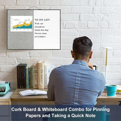 Small White Board Cork-Board Combo - 16 X 12 inches Gray Linen Board & Magnetic Dry Erase Board for Wall, Mini Bulletin Cork Board with Holder for Office, Home and School