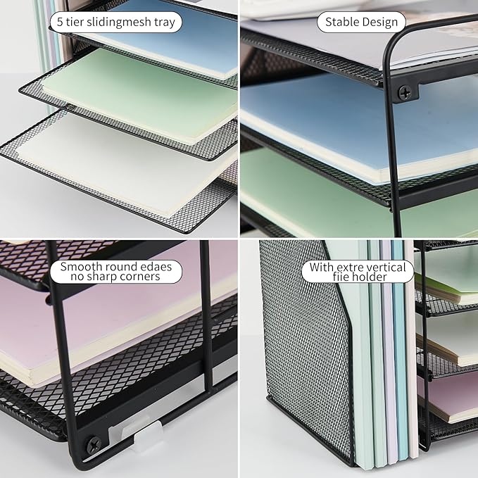 OPNCIE Desk Organizers and Accessories, 5 Tier Paper Letter Tray File Organizer, Office Organization Storage Desk Accessories Workspace Desktop Organizer for Classroom Office Supplies Decor(Black)