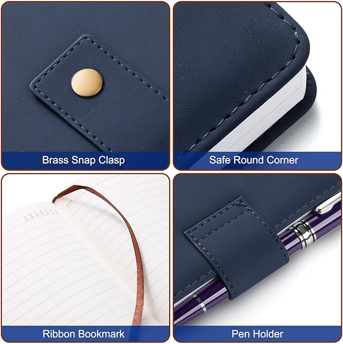 A5 Leather Journal Notebook with Pen, 200 Pages Hardcover Journal with Pocket, 100gsm Thick Lined Paper Daily Diary for Men and Women, Great Gift for Business School Travel Personal - Navy Blue