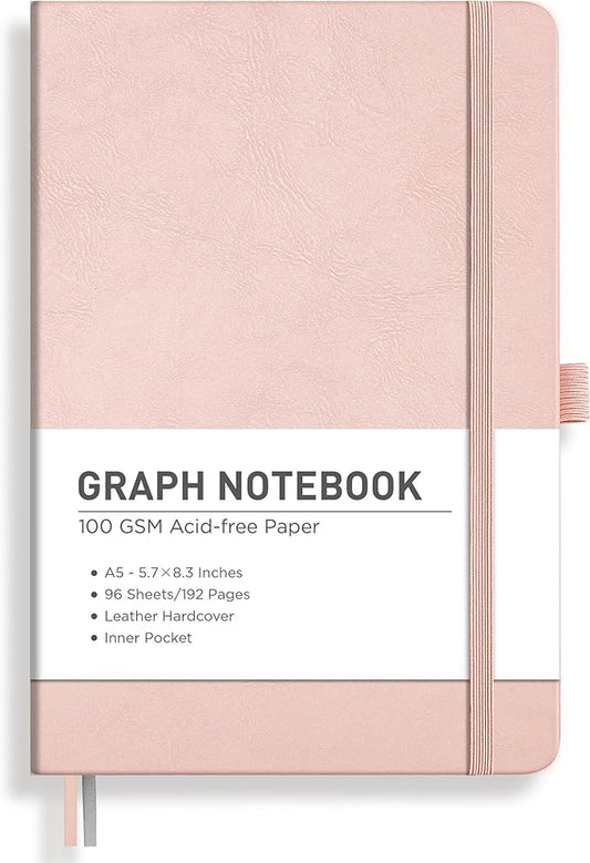 RETTACY Graph Paper Notebook, A5 Grid Notebook Journal with 192 Pages, 5.7'' × 8.3'', Medium Size, Leather Hardcover, 100 GSM Thick Paper, for Students, Homework, Math, Engineering (Rose Gold)