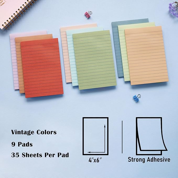 9 Pack Lined Sticky Notes 4X6 in Post Sticky Notes with Lines, 9 Aesthetic Vintage Sticky Note Large Neutral Ruled Post Sticky Super Sticking Power Pads, School Office Desk Accessories (Vintage)