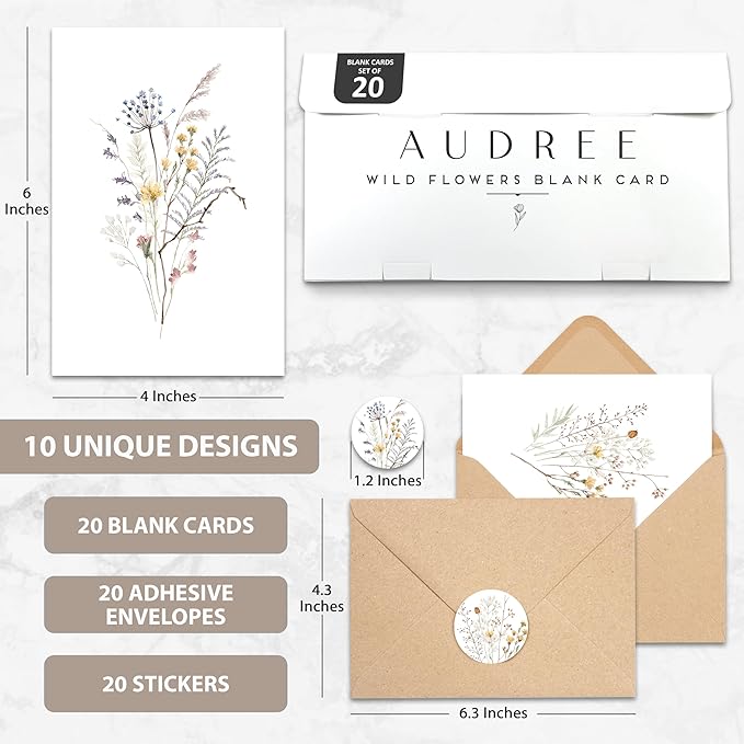 AUDREE 20 Pack Blank Cards and Envelopes 4x6 - Watercolor Wildflowers Blank Greeting Cards with Envelopes and Matching Sticker - Blank Note Cards and Envelopes for All Occasions