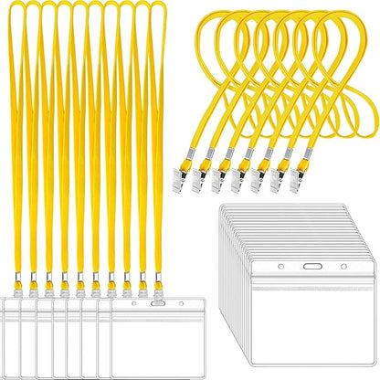 100Pcs Clear Plastic Horizontal Name Tags Badge ID Card Holders and 100Pcs Lanyards with Clip (Yellow)