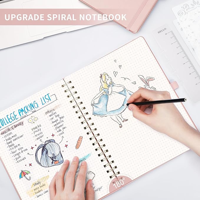 AHGXG Bullet Dotted Journal, Large B5 Spiral Notebook Dotted Notebook 140 Pages, Leather Hardcover, 100 GSM Thick Dot Grid Paper, Inner Pocket, for Bullet Journaling, 7.6" x 10", Rose Gold