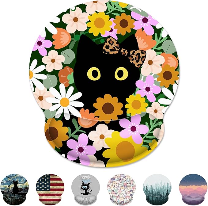 Ergonomic Mouse Pad with Wrist Support,Flower Cute Black Cat Mouse Pad with Wrist Rest,Relieve Wrist Pain Mousepad Non-Slip Rubber Base,Mouse Pads for Desk,Computers,Laptop,Office,Home,Accessories