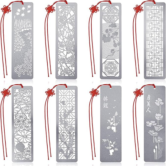 Outus 8 Pieces Hollow Art Metal Bookmarks for Wedding Men Teachers Employee Appreciation Gift Stainless Steel Bookmarks with Red Knot Theme Bookmarks for Book Reading Presents, 4.5 x 1.25 Inch