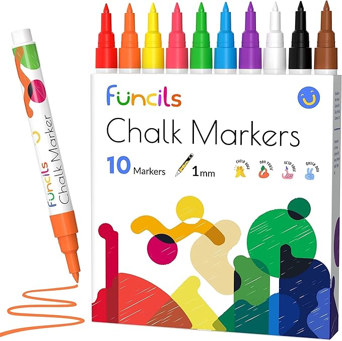 10 Extra Fine Tip Chalk Markers for Chalkboard Signs, Blackboard, Window, Labels, Bistro, Glass, Car (10 Pack, 1mm) - Wet Wipe Erasable Ink Chalkboard Markers, Liquid Chalk Pens