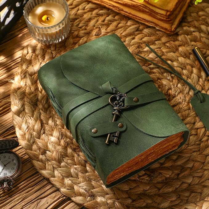 Fausta Vintage Handcrafted Leather Journal with Key for Writing, 240 Pages 7 x 5 inches, Deckled Cotton Paper Notebook/Diary for Men and Women 150 GSM Drawing/Sketchbook, Hunter Green