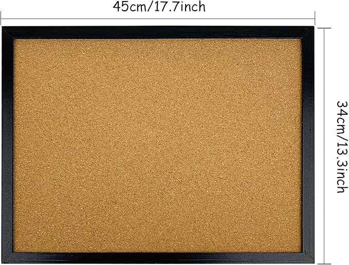 GDMINLO Black Cork Bulletin Board, 17.7 X 13.3 inches with Oak Wood Finish Frame, for Wall Office Home and School (Pins, Eye Bolts, gaskets, Screws)