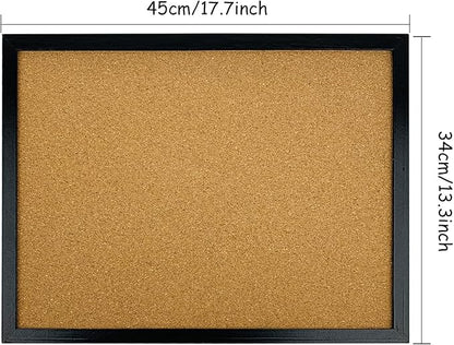 GDMINLO Black Cork Bulletin Board, 17.7 X 13.3 inches with Oak Wood Finish Frame, for Wall Office Home and School (Pins, Eye Bolts, gaskets, Screws)
