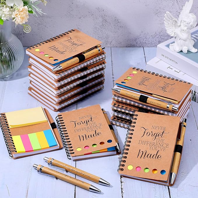20 Sets Employee Appreciation Gifts Inspirational Spiral Notebooks with Sticky Notes Notepads Motivational Bamboo Ballpoint Pens for Nurse Coworker Teacher (NEVER FORGET)