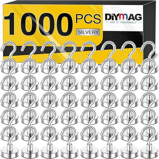 DIYMAG Magnetic Hooks, 30Lbs Strong Heavy Duty Cruise Magnet S-Hooks for Classroom, Fridge, Hanging, Cabins, Grill, Kitchen, Garage, Workplace and Office etc, (1000 Pack-Silver),Screw in Hooks