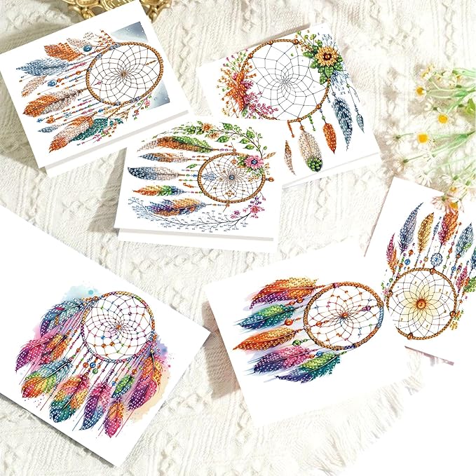 Tontut 6pcs Diamond Art Painting Kit Greeting Card, Feather Dreamcatcher 5D DIY Diamond Handmade Holiday Glitter Greeting Card with Envelope, Holiday Gift Congratulation