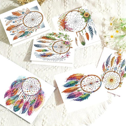 Tontut 6pcs Diamond Art Painting Kit Greeting Card, Feather Dreamcatcher 5D DIY Diamond Handmade Holiday Glitter Greeting Card with Envelope, Holiday Gift Congratulation