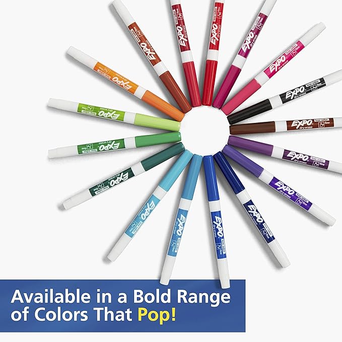 EXPO Low Odor Dry Erase Marker Set with White Board Eraser and Cleaner, Fine Tip Dry Erase Markers, Assorted Colors, 7 Piece Set with Whiteboard Cleaner