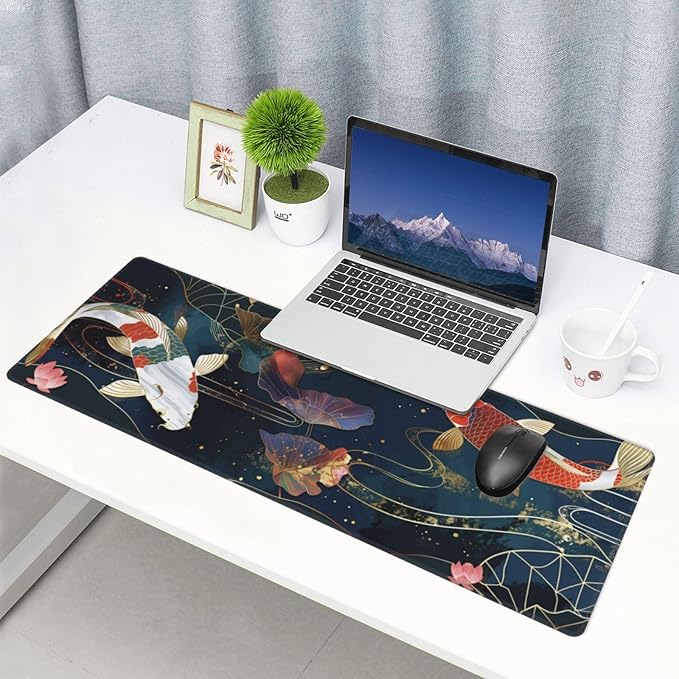 Gaming Mouse Pad Desk Pad,Extended Big Mouse Pad,31.5x11.8 Inch Long Computer Keyboard Mouse Mat Mousepad with 3mm Non-Slip Base and Stitched Edge for Gaming and Office… (koi)