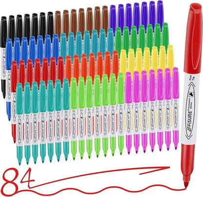 Permanent Markers Assorted Colors Set, 12 Colored Markers 84 Pack, Fine Point，Works on Wood, Plastic, Metal, and More, for Adults, Artist, Taecher, Kids