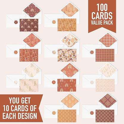 VNS Creations 100 Pack Blank Cards and Envelopes 4x6 - Plain Blank Note Cards with Envelopes & Stickers for All Occasions - Greeting Notes Colored Stationery Set, Assorted Colors - Fall