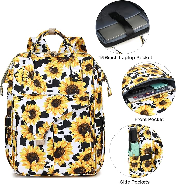 Sunflower Cow Print Laptop Backpack College School Backpack Bookbags Nurse Backpacks Travel Bags Casual Daypacks for Women Girls Fits 15.6 Inch Notebook