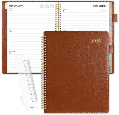 SUNEE 2026 Weekly & Monthly Planner 9"x11.2"- 12 Month (January 2026 - December 2026), Vegan Leather Cover, Pocket, Bookmark, Notes, Monthly Tab, Brown