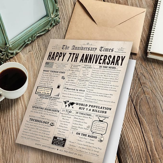 Retro 7th Anniversary Card for Women Men, Wool Anniversary Card for Husband Wife, Jumbo 7 Years Anniversary Idea for Couple Parents