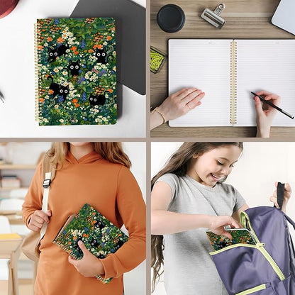 Cute Spiral Notebook journal A4 Aesthetic Pretty Design for Women Girls Kawaii with Pocket, 8.5 x 11 inch, Lined, Cat Garden