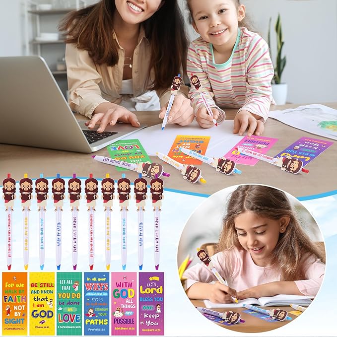 120 Pcs Christian Pens Cards Gift Bulk 60 Mini Jesus Pens with 60 Bible Verse Bookmarks Religious Ballpoint Pens with Inspirational Quotes for Kid Christian Party Favors Baptism Gifts