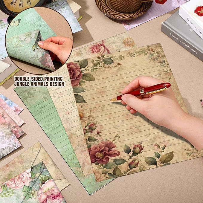 TaoBary 160 Packs Stationery Paper Set (50 Double Sided Stationery Writing Papers 50 Matching Envelopes) 60 Round Dot Sticker, 10 Design(Vintage Floral,8.5 x 11 Inch)