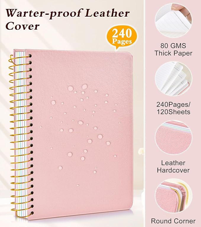 5 Subject Notebook College Ruled with Removable Pocket Dividers Tabs, 240 Pages Spiral Notebook 8.5 x 11, Lined Journal Notebook for Women , Hardcover Notebooks for Work School Note taking A4 Pink