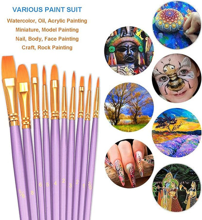 BOSOBO Paint Brushes Set, 10 Pack 100 Pcs Round Pointed Tip Paintbrushes Nylon Hair Artist Acrylic Paint Brushes for Acrylic Oil Watercolor, Face Nail Art, Miniature Detailing & Rock Painting, Purple