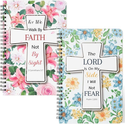 2Pack A5 Floral Cross Religious Spiral Notebooks - Bible Verses Writing Notebooks, Ruled Hardbound Lined Journal, Inspirational Christian Christmas Gift, Sunday School Supply (Pink & Blue)