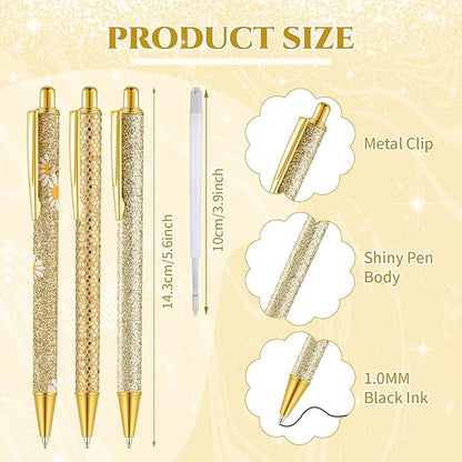 Sherr 7 Pcs Fancy Pens for Women Cute Sparkly Glitter Pens with 10 Pcs Black Ink Refills Pretty Gifts for Girls Office School Christmas Graduation(Gold,Delicate)