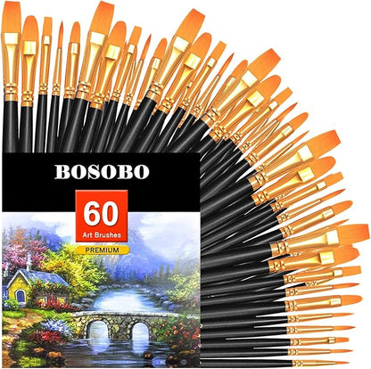 BOSOBO Paint Brushes Set, 6 Pack 60 Pcs Round Pointed Tip Paintbrushes Nylon Hair Artist Acrylic Paint Brushes for Acrylic Oil Watercolor, Face Nail Art, Miniature Detailing & Rock Painting, Black