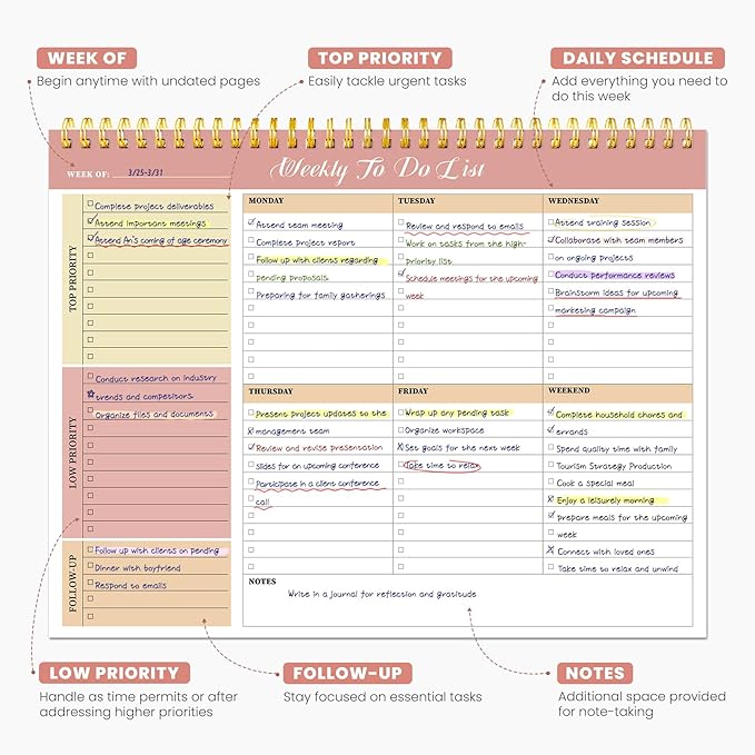 Weekly To Do List Notepad with 52 Undated Sheets（8.5"×11"）- Undated Weekly Planner Notepad for Office Desk Accessories and Supplies - Sunshine Petal