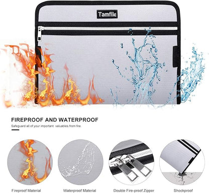 Fireproof Safe Waterproof Accordion File Bag Folder Expanding Filing Folder with 14 Multicolored Pockets, A4 Letter Size, Document Organizer Holder and Color Labels /2 Zipper (Silver 14.3" x 9.8")