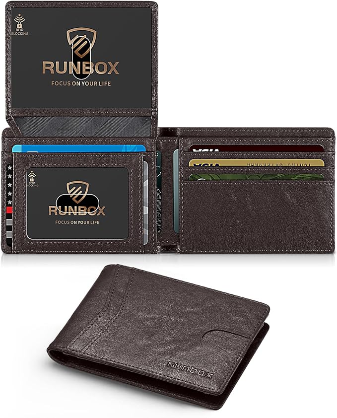 RUNBOX Wallet for Men Slim Rfid Leather 2 ID Window With Gift Box