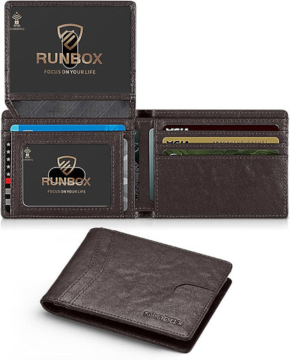 RUNBOX Wallet for Men Slim Rfid Leather 2 ID Window With Gift Box