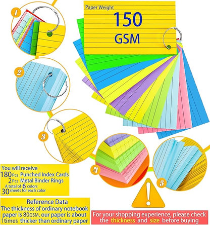 MotBach 180 PCS Index Cards Flash Cards with Binder Rings,4" x 6", Colored Ruled Memo Notecards Study Cards Scratch Pad Lined Studying Record To Do List for Home School Office Supplies