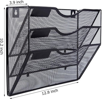 EASEPRES 3 Pocket Mesh Hanging Wall File Organizer, Wall Mounted Mail Paper Document Folder Holder, Clipboard Storage Organization Magazine Rack with Nametag Label for Office Home School, Black