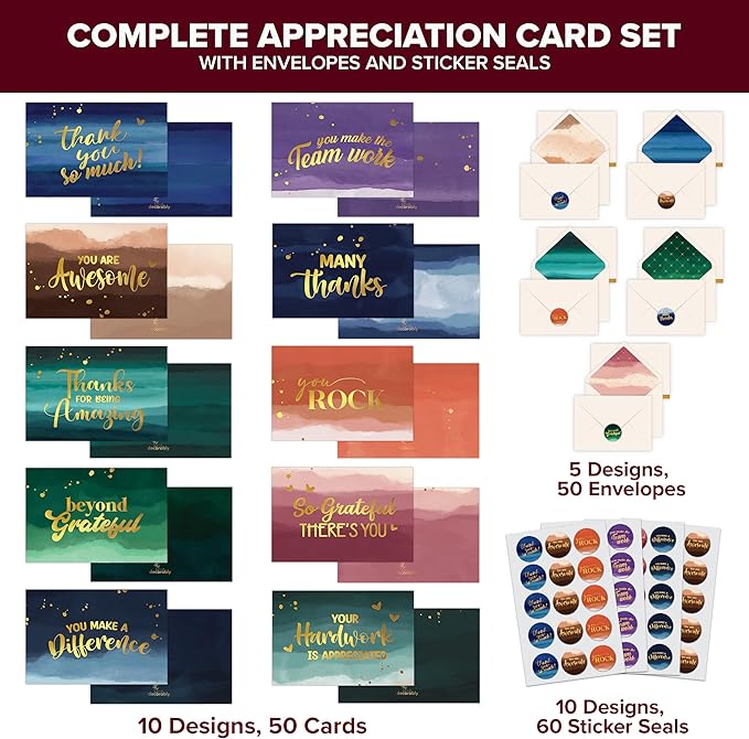Decorably 50 Pack Gold Foiled 6x4in Employee Appreciation Cards with Envelopes and Stickers, 10 Designs Thank You Cards, Blank Inside