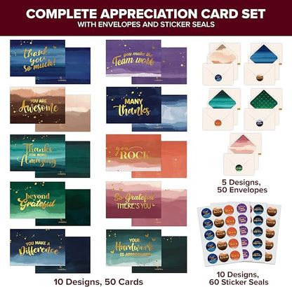 Decorably 50 Pack Gold Foiled 6x4in Employee Appreciation Cards with Envelopes and Stickers, 10 Designs Thank You Cards, Blank Inside