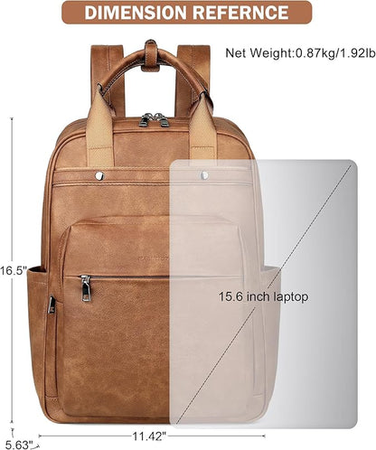 MASINTOR Leather Laptop Backpack for Women, Stylish Computer Backpack College Business Work Shoulder Bags Work and Travel Mocha Brown