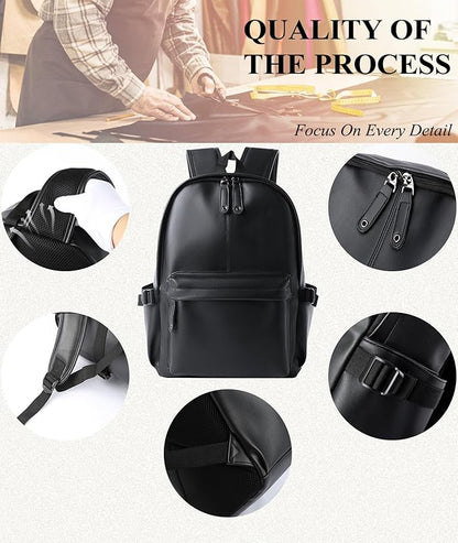 Pu Leather Laptop Backack For Men Women Classic Water-Resistant Purse Airplane Travel Backpacks Work Business Bag Black