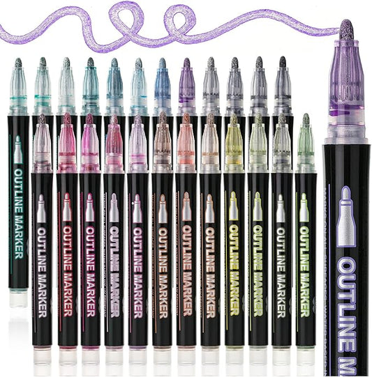Mr. Pen- Double Line Outline Markers, 24 Colors, Shimmer Markers Outline Double Line, Metallic Outline Markers Self-Outline Metallic Markers, Outline Pens, Outline Marker, Outline Markers for Drawing