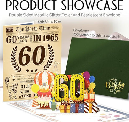 Funny 60th Birthday Card for Women Men, 3D Pop Up 60th Birthday Decorations for Her Him, Happy 60th Birthday Gifts for Mom Dad, Jumbo 60 Year Old Birthday Card, Classy (8''x10'')