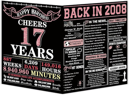 YiKaLus Jumbo 17th Birthday Card for Daughter Son, Happy 17 Year Old Girl Boy Bday Gift Ideas, Vintage Back In 2008 Decorations for Sister Brother