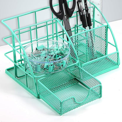 JUOPIEA Desk Organizers and Accessories Office Supplies Organizer with Pen Holder, 72 Clips Set and Phone Stand, Metal Mesh Desktop Organizers with Drawer for Home, Office, School Ect