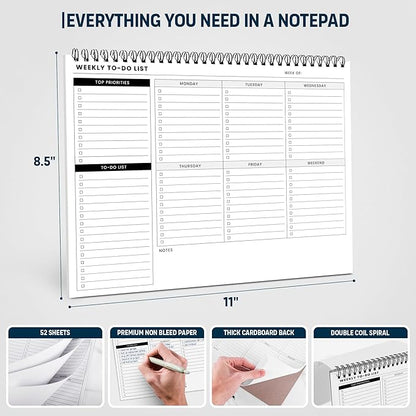 Weekly To Do List Spiral Planner Pad - 8.5x11" 52 Sheets - Desk Notepad with Multiple Sections - Undated Planning Notebook Checklist, Todo Agenda Plan