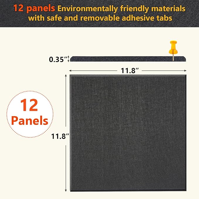 Large Cork Board Alternative - 12 Pack Felt Wall Tiles Office Decor Bulletin Board Cork Boards for Walls, Black Cork Board for Office Pin Board with Safe Adhesive for Office/Home/School